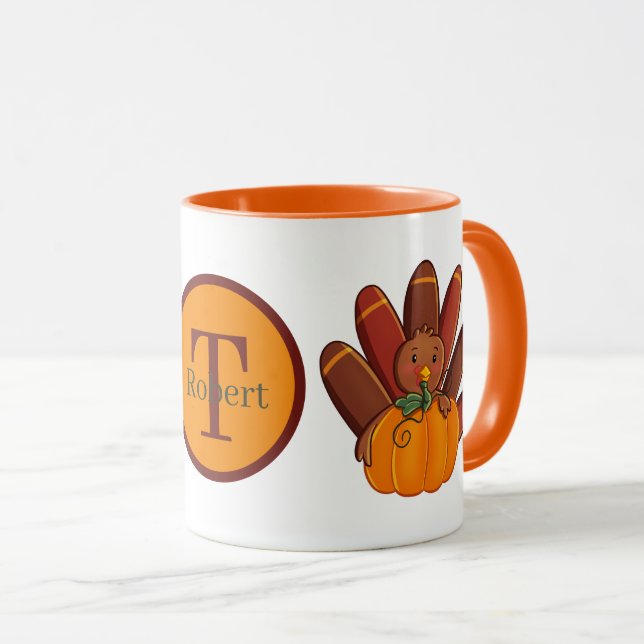 Mug Ajouter un monogramme à la dinde de Noël de Thanks (Devant droit)