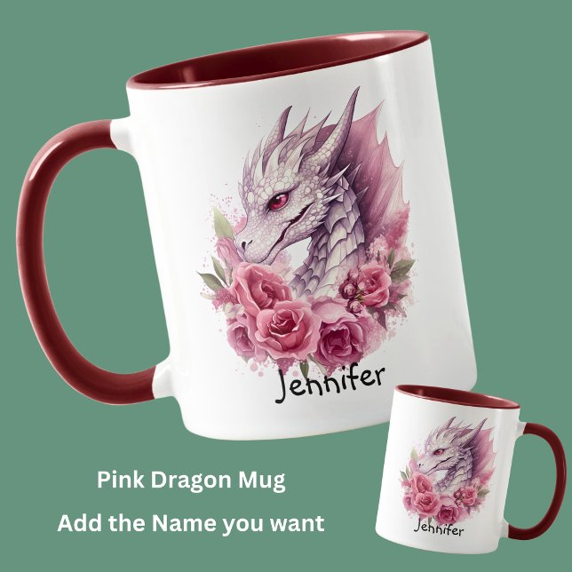 Mug Ajouter un nom, Dragon rose avec fleurs (Créateur téléchargé)
