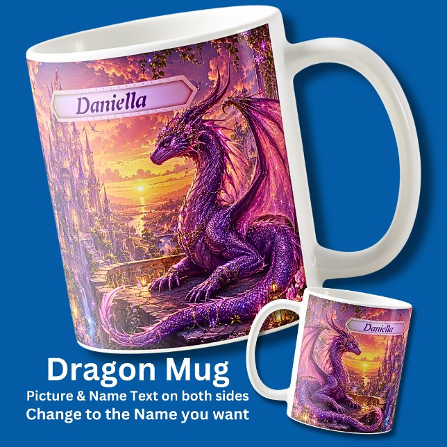 Mug Ajouter un nom Dragon Rose Violet Gardant le Châte (Créateur téléchargé)