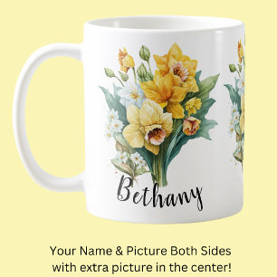 Mug Ajouter un nom ou texte, jonquilles jaunes avec fe