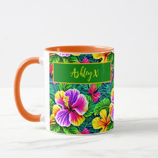 Mug Ajouter un nom Texte Hibiscus tropical Feuille de  (Gauche)