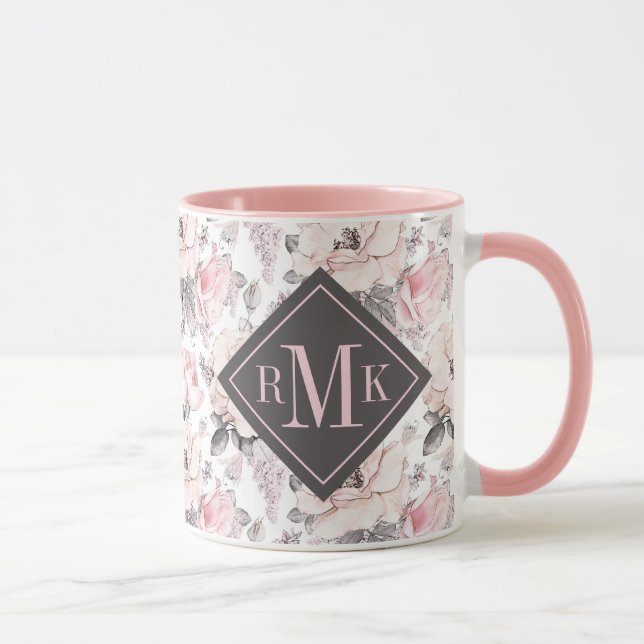 Mug Ajouter votre monogramme| Motif rose et gris class (Droite)