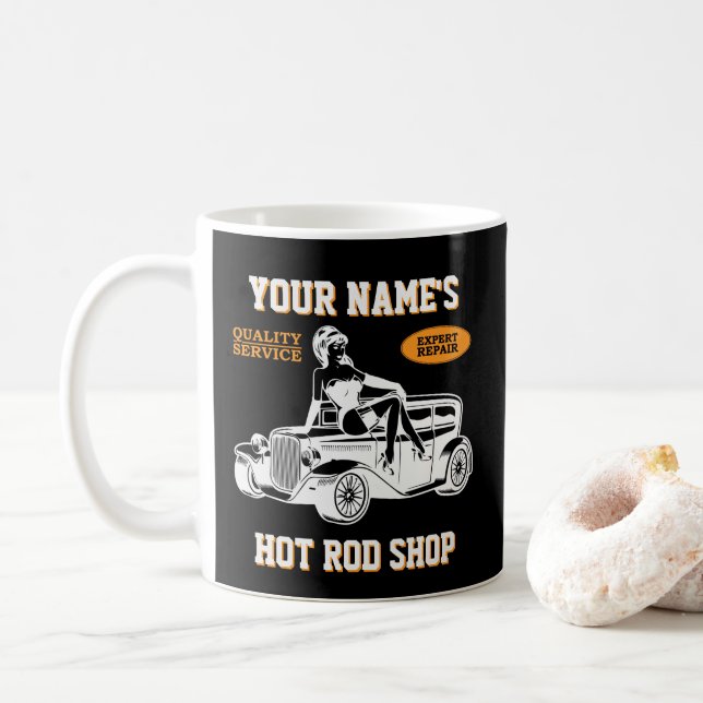 Mug Ajouter votre nom Texte Hot Rod Shopping Garage av (Avec donut)