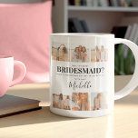 Mug Ajoutez des photos | Serez-Vous Ma Femme D'Accueil<br><div class="desc">Créez une tasse à café avec 6 photos carrés, des noms dans un élégant script de calligraphie, un petit coeur mignon qui peut être changé à n'importe quelle couleur et la question "Serez-vous ma demoiselle d'honneur ?", Toutes les polices peuvent être changées en style, couleur et taille en cliquant sur...</div>