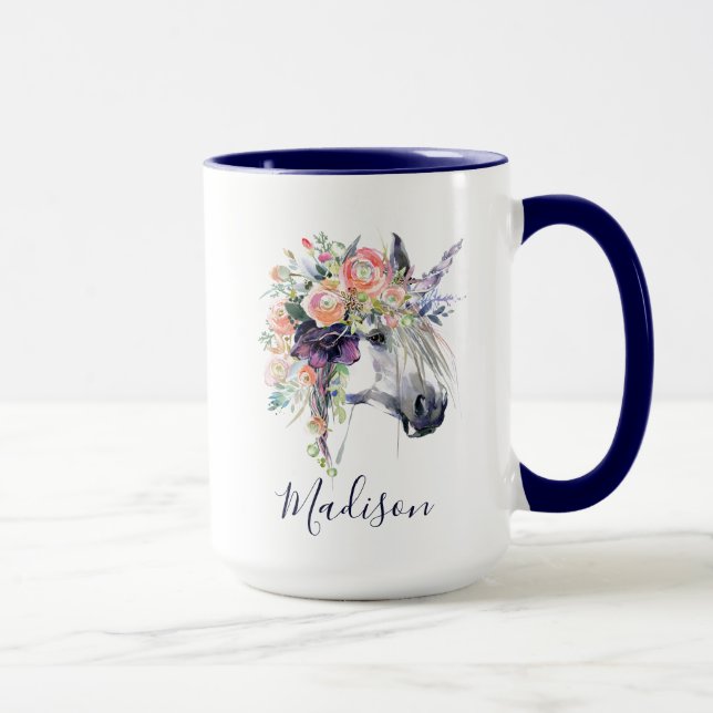 Mug Ajoutez votre licorne habillée | florale nommée (Droite)