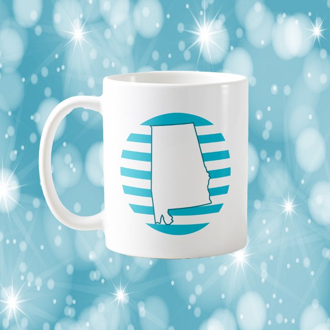Mug Alabama US State Outline Retro Circle Blue (A mug with the outline of the US State of Alabama in front of a blue circle.)