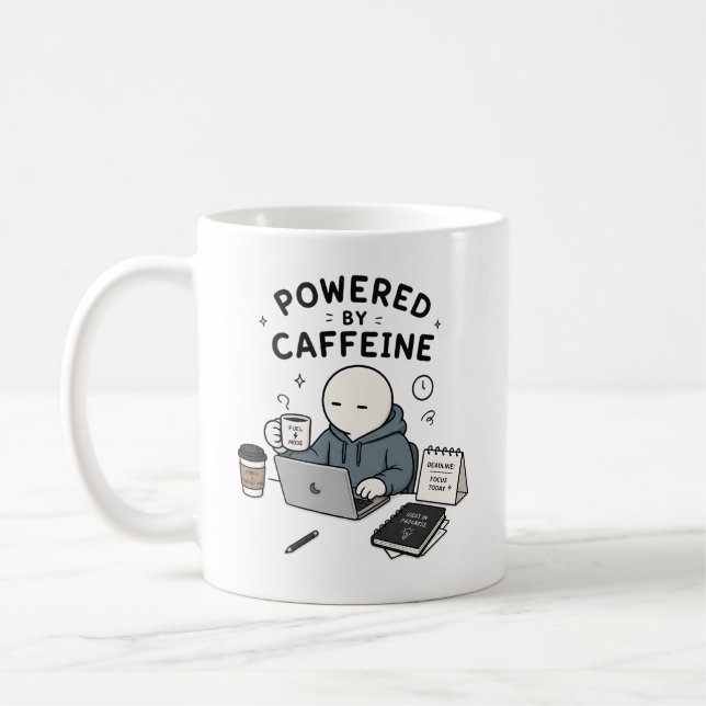 Mug Alimenté par la caféine Mème drôle de travail (Gauche)