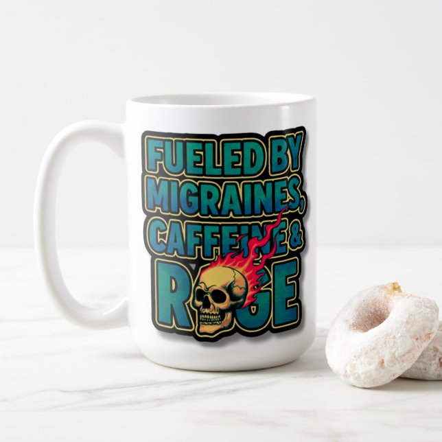 Mug Alimenté par les migraines, la caféine et la rage  (Avec donut)