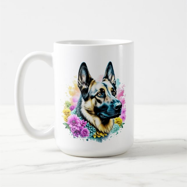 Mug Allemand berger Maman Fleurs roses et jaunes (Gauche)