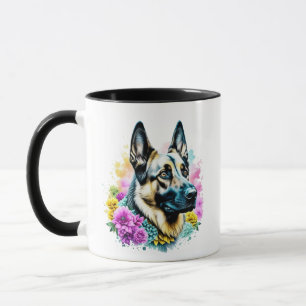 Mug Allemand berger Maman Fleurs roses et jaunes