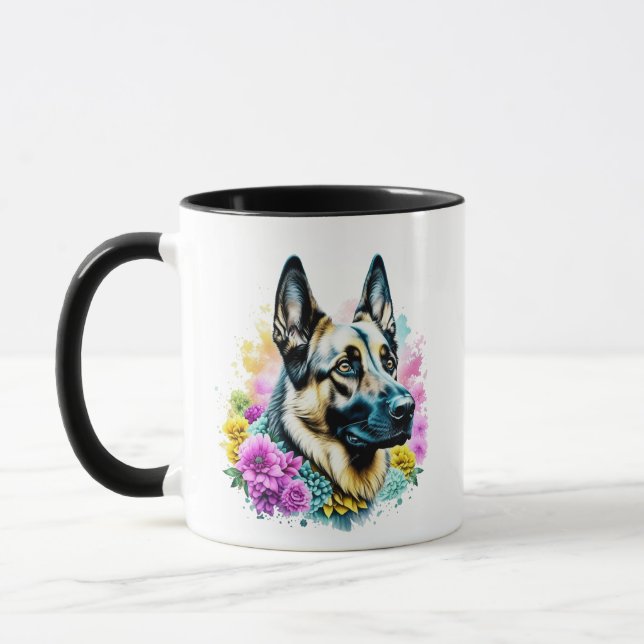 Mug Allemand berger Maman Fleurs roses et jaunes (Gauche)