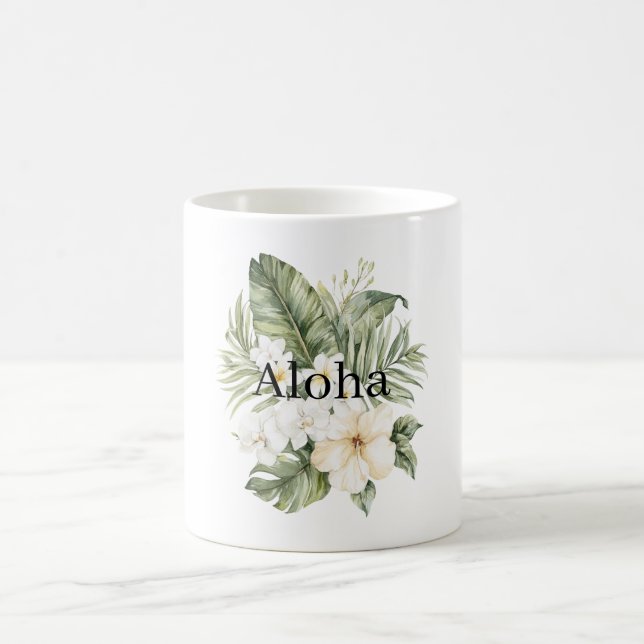 Mug Aloha Feuilles Vertes Tropicales Hibiscus Blancs O (Centre)