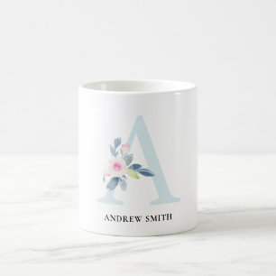 MUG ALPHABÈTES FLORAUX BLEUS DOUX NOM LETTRE A