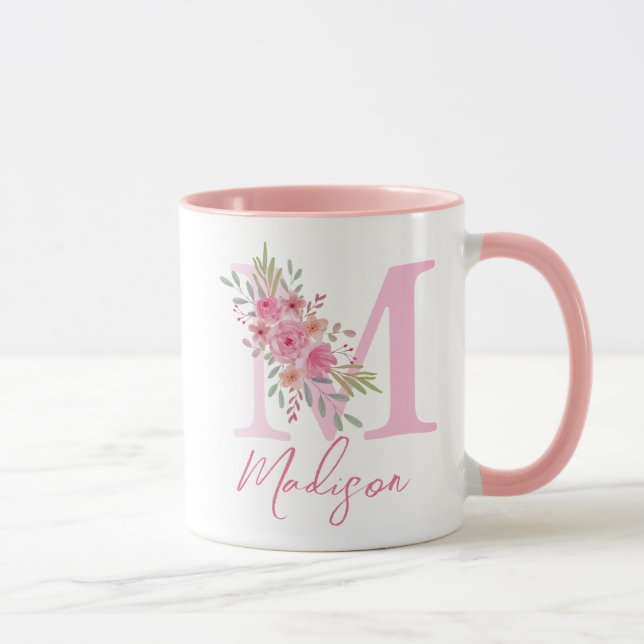 MUG ALPHABÈTES FLORAUX DOUX BLANCS NOM LETTRE M (Droite)