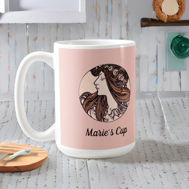 Mug Alphonse Mucha Art Nouveau Femme Avec Fleurs Rose (Créateur téléchargé)