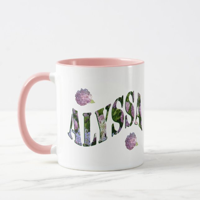 Mug Alyssa, Nom Logo Fait Avec Hydrangeas, (Gauche)