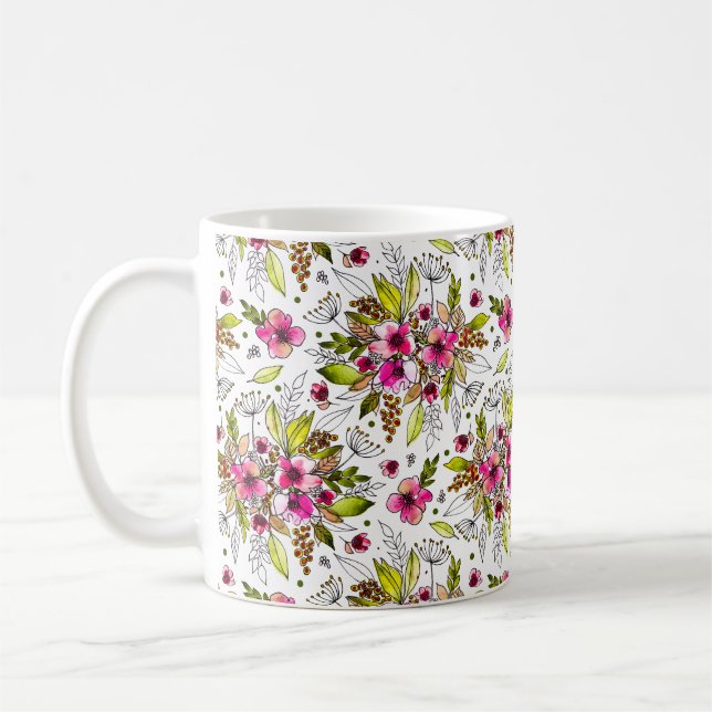 Mug Amanda Sketted rose et vert aquarelle Floral (Gauche)