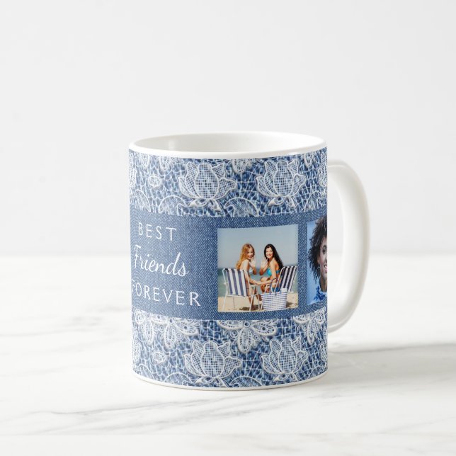 Mug Amis pour toujours photo collage bleu dentelle den (Devant droit)
