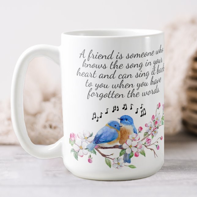 Mug Amitié florale (A pretty floral mug decorated with birds and flowers and a quote about friendship.)