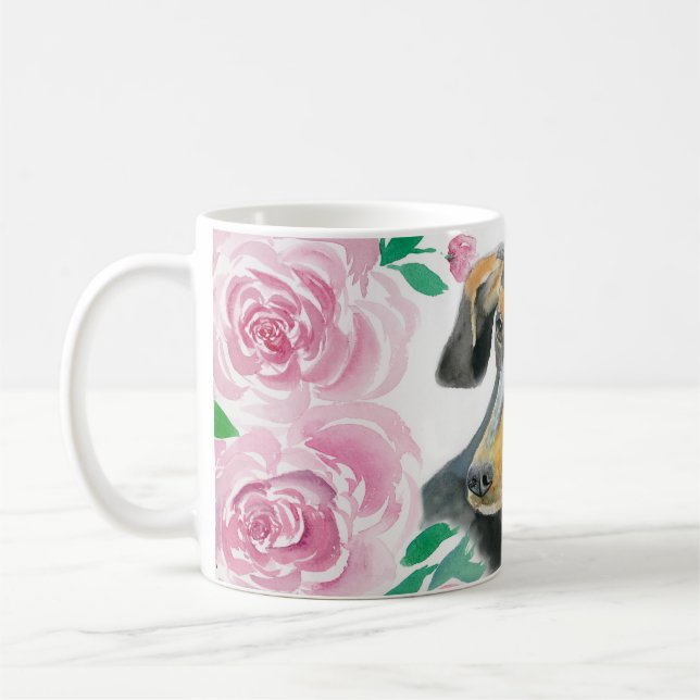 Mug Amour aquarelle d'un teckel avec des roses roses (Gauche)