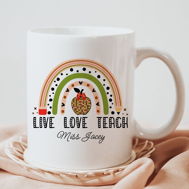 Mug Amour Enseigner Inspirer Rainbow Appréciation de l (LIVE LOVE TEACH RAINBOW Personalized Name Teacher mug, teacher gift, teacher appreciation gifts mug)