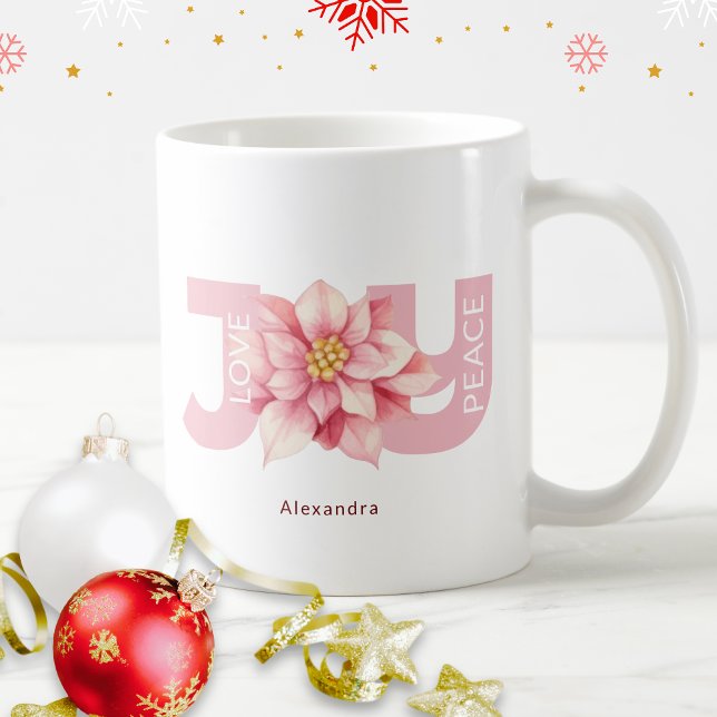Mug Amour Paix Joie Rose Poinsettia Noël (Créateur téléchargé)