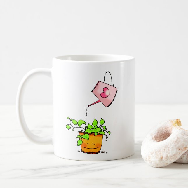Mug Amour qui arrose, plante d'intérieur heureuse (Avec donut)