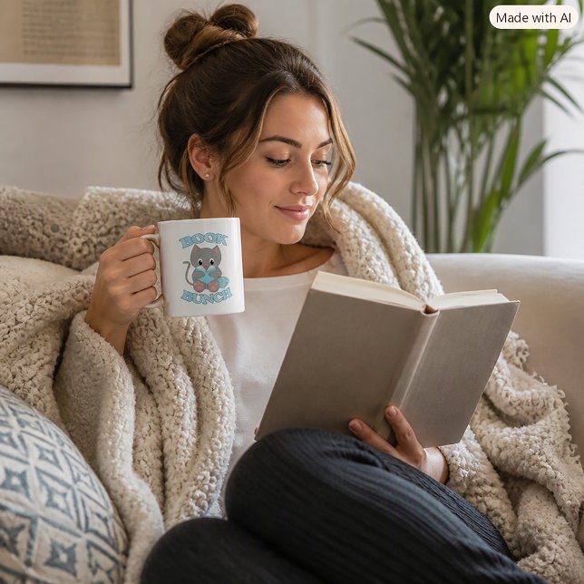 Mug Amoureux de chats et bouquineur (A mug with a cute cat reading a book and enjoying tea along with the words Book Bunch.)