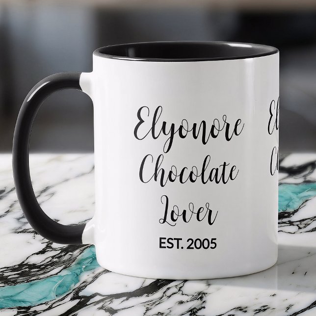 Mug Amoureux de chocolat Noir Script Nom Personnalisé  (Créateur téléchargé)