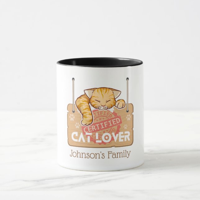 Mug Amoureux des chats certifié avec nom de famille (Centre)