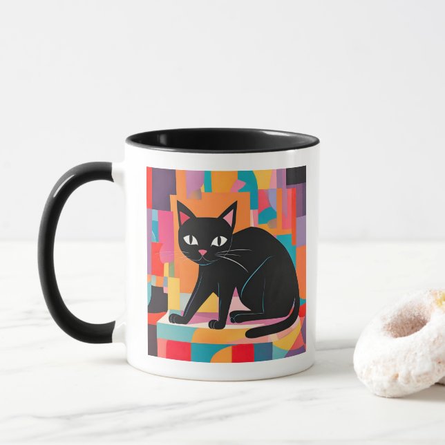 Mug Amoureux des chats, Feline géométrique colorée (Avec donut)