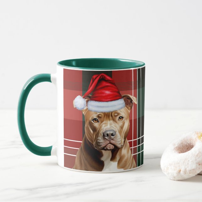 Mug Amoureux des chiens Brown Pitbull Holiday Red Gree (Avec donut)