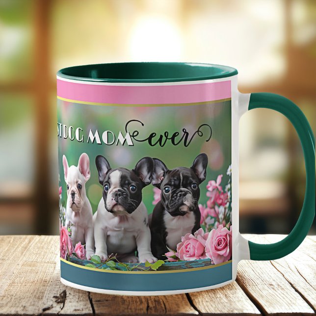 Mug Amoureux des chiens français Bulldog (Mug featuring a painting of 3 French Bulldogs with pink roses. A great gift for a dog mom.)