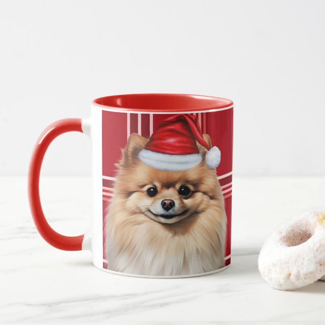 Mug Amoureux des chiens Pomeranian Fête Rouge à carrea (Avec donut)