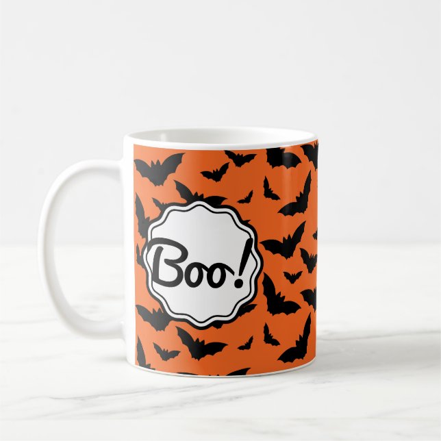 Mug Amusant Populaire Halloween Orange Black Bat Boo! (Gauche)