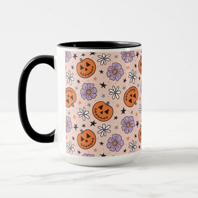 Mug Amusants Citrouilles d'Halloween et Fleurs Motif (Gauche)
