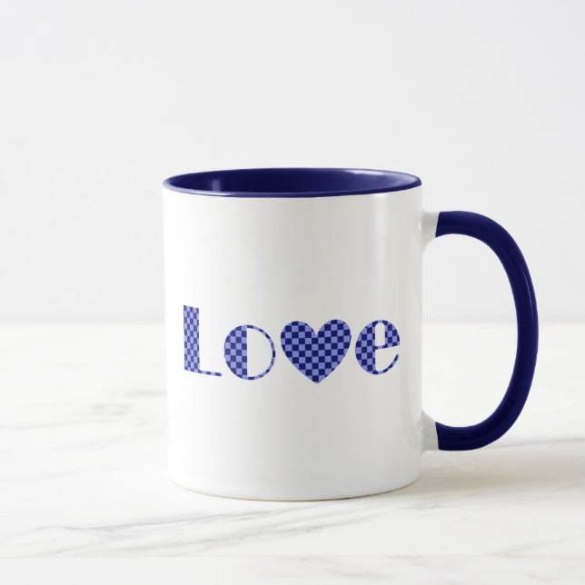 Mug Amusement, Élégant Amour et Coeur en Bleu À damier (Droite)