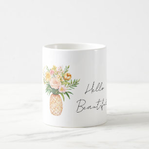 Mug Ananas Jaune Fleurs Roses Bonjour Beau