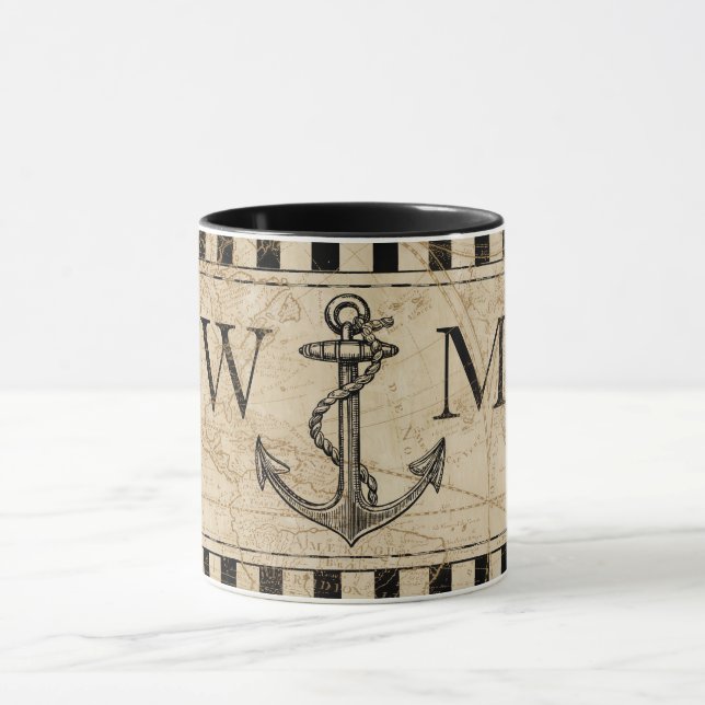 Mug Ancien Monde Carte Ancre nautique Monogramme (Centre)