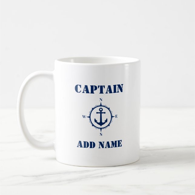 Mug Ancre Bleu Compass Capitaine Ajouter un nom ou un  (Gauche)