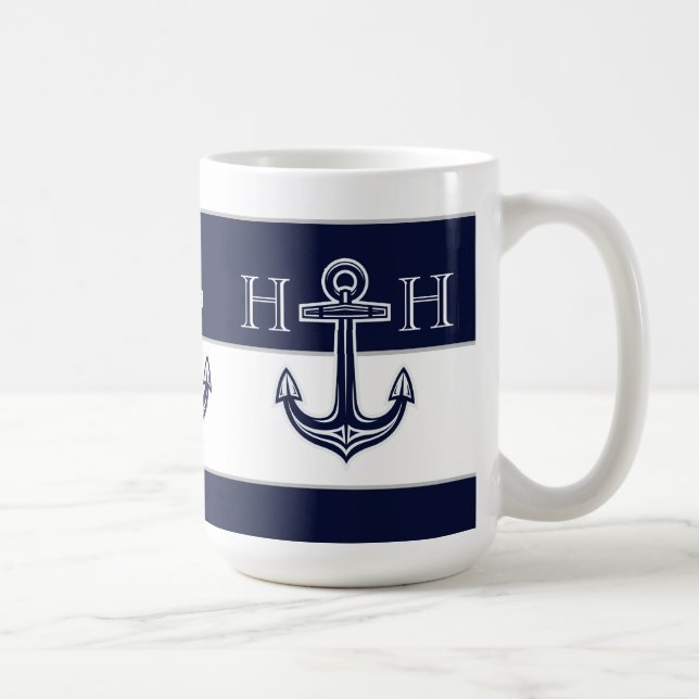 Mug Ancre Bleue marine  côtière Monogramme Café (Droite)