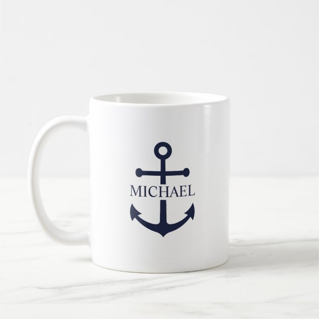 Mug Ancre Bleue Marine Nom Personnalisé (Gauche)