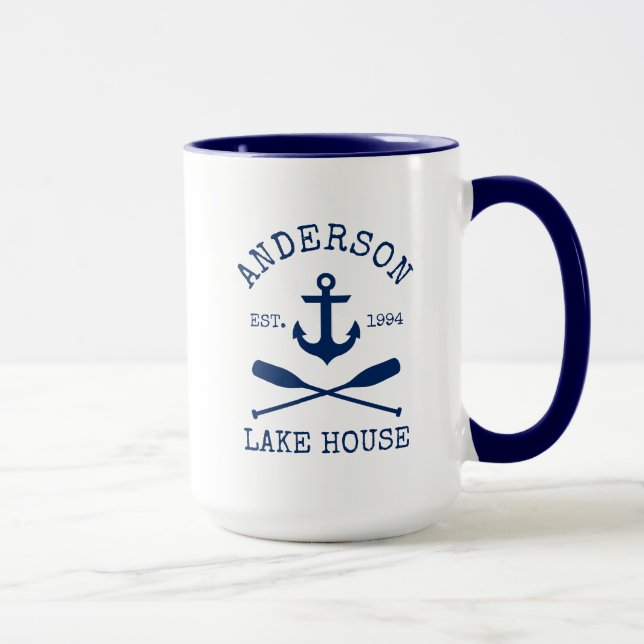 Mug Ancre Bleue Nautique Oars Nom Lake House Grand (Droite)