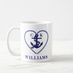 Mug Ancre cardiaque marine nautique Mariage Monogramme
