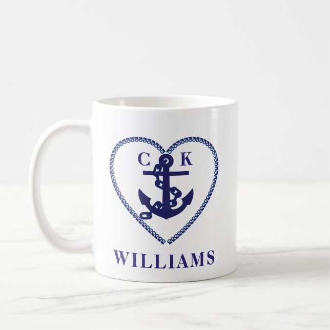 Mug Ancre cardiaque marine nautique Mariage Monogramme (Gauche)