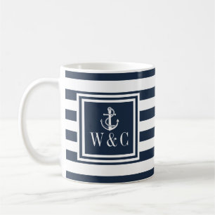 Mug Ancre de bateau nautique rayée bleu marine Monogra