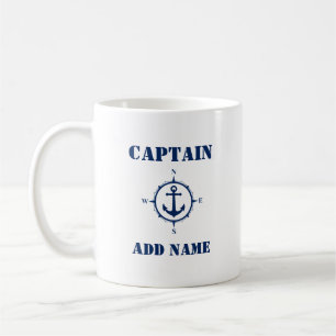Mug Ancre de boussole bleue Nom du capitaine ou nom du