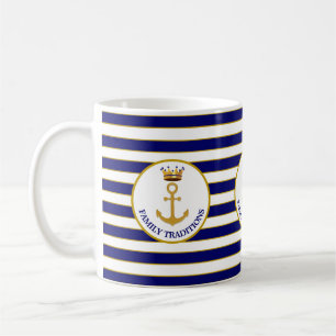 Mug Ancre de famille et couronne sur rayures bleues et