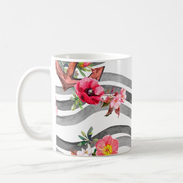 Mug Ancre, fleurs et vagues. Motif sans faille (Gauche)
