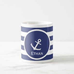 Mug Ancre nautique Bleu et blanc Nom